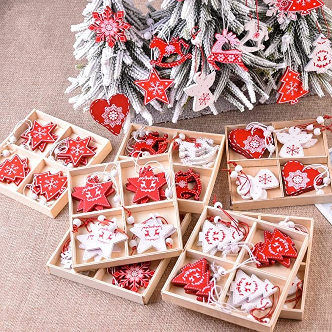 12 Pieces of 5 cm Christmas Wooden Ornaments, Used for Family Tree DIY Natural Wooden Christmas Ornaments Pendants Hanging Gifts Christmas Decorations