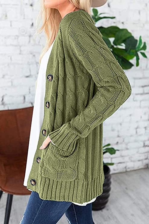 YACUN Women's Cable Knit Cardigan Long Sleeve Button Down Sweater with Pocket Knit, Armygreen, Small