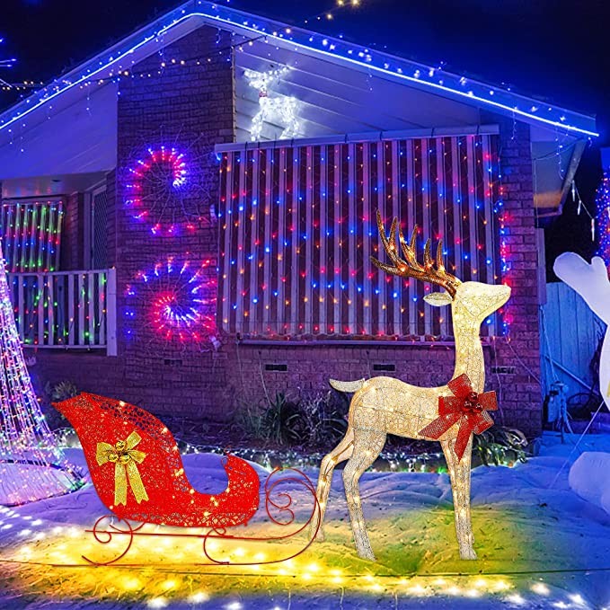 Zcaukya Christmas Yard Decoration, 4 FT 120 LEDs Pre-lit 3D Reindeer & Sleigh Outdoor Decorations, Warm White Light Up Glittered Standing Ornaments for Xmas Garden Patio Lawn Front Door Display