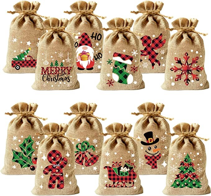 VEYLIN Christmas Hessian Bags, 12 Xmas Burlap Jute Gift Bag with Drawstring for Christmas Party Advent Calendar Decoration